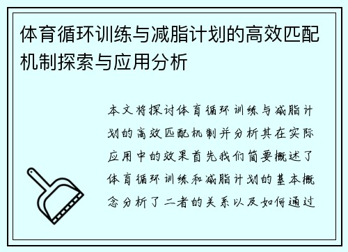 体育循环训练与减脂计划的高效匹配机制探索与应用分析